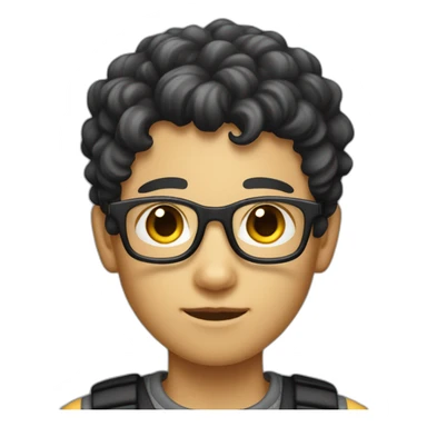 a fair-skinned boy with short-cut sides and a curly top with white glasses and a black cat iOS emoji sticker