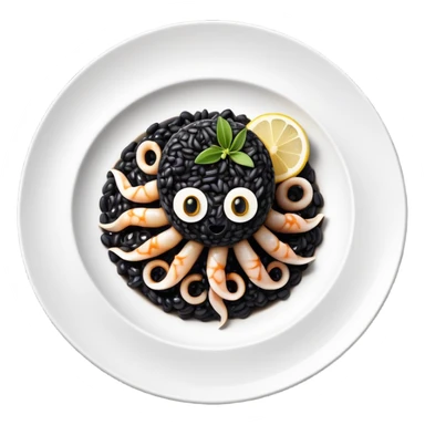 cinematic-realistic-black-risotto-dish,-showcasing-small squid pieces-rendered-with-bold-textures-and-dynamic,-dramatic-lighting in a white plate with a grilled lemon on top sticker