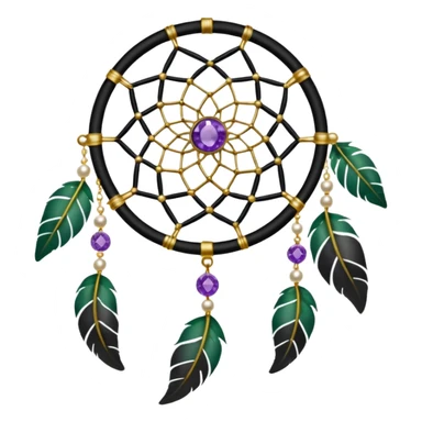 Black and white dreamcatcher with amethyst crystals, gold pearls, and green plants sticker