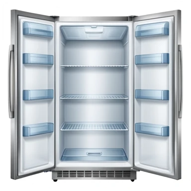 A refrigerator with a transparent front glass divided into three compartments, empty and unoccupied. The refrigerator faces forward. sticker