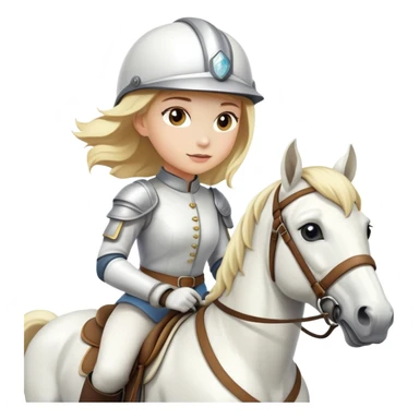 Girl with blonde hair riding a white horse with a helmet sticker