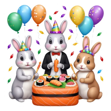 four bunnies together eating sushi at a birthday party, all four bunnies clearly visible, playful, colorful, party hats, birthday decorations, confetti, balloons, varied composition, emoji style sticker