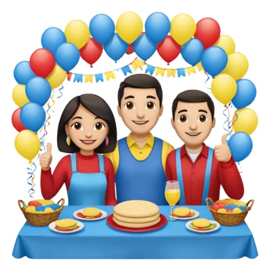 party table decorated with red blue and yellow colors, including a backdrops, balloons arch, streamers and more. On the table are intricate displays of colombian arepas, and baskets of money. In the forefront is a woman and man in simple clothing, big smiles and big thumbs up sticker