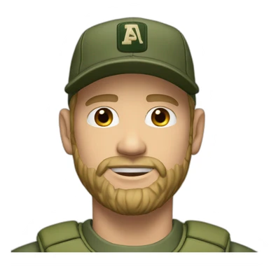 white man with short beard wearing a army green baseball cap with AP letters logo sticker