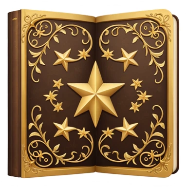 An open, ornately decorated book rendered in a highly detailed. The book's cover, framed with a broad, golden border, is a rich, dark brown, embellished with intricate golden filigree designs, including scrolling vines and decorative stars. sticker