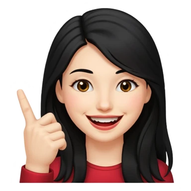 Haz una imagen de una mujer con cabello negro largo , con una sonrisa en su cara y la punta de su dedo indice mordido entre sus dientes sticker