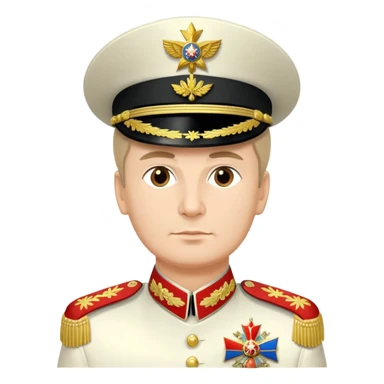 Russian military general in formal uniform with medals, epaulettes, and military hat sticker