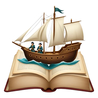 Icon for Reading Fiction: a large open book with pages turning, Musketeers on horseback, Sherlock Holmes and other literary elements, a sailboat sailing across the pages. The icon should evoke the adventurous spirit of storytelling. Transparent background. sticker