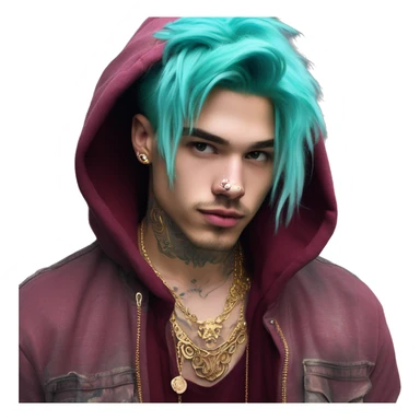 Vintage grunge patina intricate swirls gold jewellery baroque golden sparkle tropical Deep pink maroon burgundy cyan dark hoodie man dyed hair gold piercings nose piercing ear piercings sticker