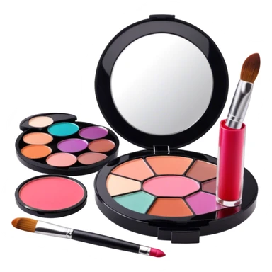 A photorealistic icon featuring makeup brushes, a lipstick being applied, an eyeshadow palette with colors in use and a compact mirror reflecting a half-done makeup look. The design captures the artistry and process of makeup with bright and realistic textures. Transparent background. sticker