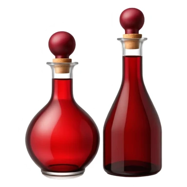 Red wine vinegar and oil bottles, elegant glass, dark brown to ruby, round or square base, slender neck, cork or metallic cap, dark glass, reflections, 3D clean style, transparent background, optimized for emoji size sticker