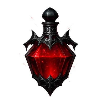 gothic vampire drink elixir bottle, dark red color, black and silver ornate details, ultra sharp edgy facets, extra intense magical glowing and sparkling effects, very small neck, seamless bottom, transparent background, floating, no base or shadow, modern, matching a collection sticker