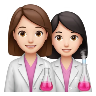 cientificas con blusa rosa y bata blanca felices, una chica con pelo marrón y otra chica con pelo negro sticker
