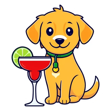 Red golden retriever holding a margarita with a lime sticker