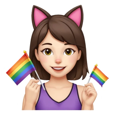 brunette girl with cat ears and doing cat pose with gay flag in mouth sticker