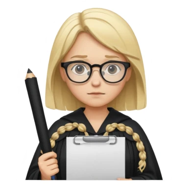 Young judge, blonde hair with glasses and robe, hold a paper sticker