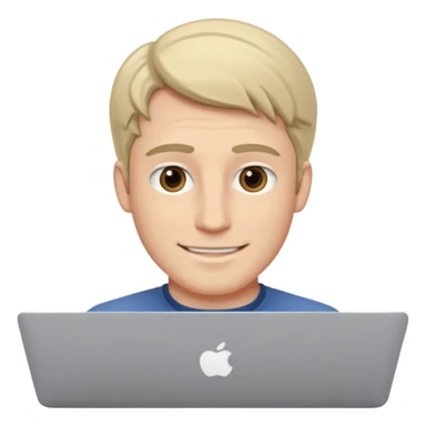A white man in his mid 20s, middle part average dude with slightly droopy eyes, happy, using a MacBook (no logo), hero for an iOS developers website sticker