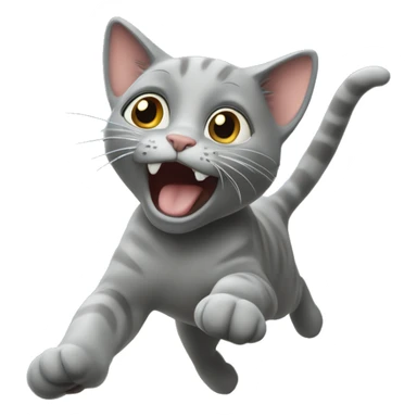 A grayish blueish cat mid jump being very silly with not much fur￼￼￼ sticker