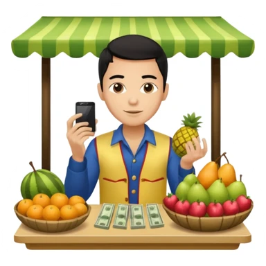 chico piel clara pelo negro con ropa de frutero sentado en una mesa contando mucho dinero sticker