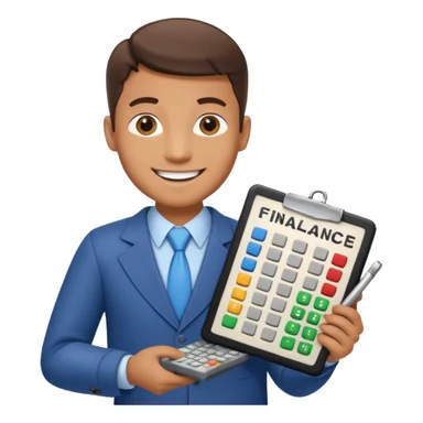 emoji, of a male AUDITOR smiling with Finance spreadsheet , a calculator,plus ADD A puzzle and a Balance for accounting. sticker