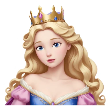 Cinematic Realistic Sleeping Beauty (Aurora) Portrait, with porcelain-like skin featuring a natural rosy flush, illuminated by soft lighting that highlights the gentle contours of her face. Her golden blonde hair flows in soft, detailed waves with subtle highlights that shimmer in the light. Her deep violet-blue eyes radiate warmth and innocence, framed by arched brows and long lashes. Her serene expression exudes quiet elegance. She is dressed in her classic pink gown, the fabric rich in texture with delicate folds that catch the light. A golden crown rests atop her head, gleaming with royal refinement. The portrait captures a soft, glowing aura, blending realism with an ethereal sense of beauty and timeless enchantment. sticker