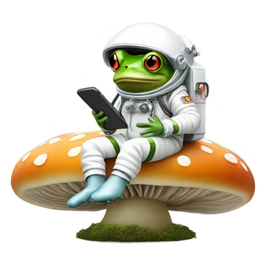 A tiny frog in a spacesuit, sitting on a mushroom, holding a flip phone with a question mark floating above its head. sticker