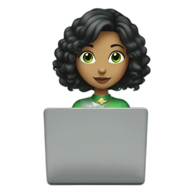 a girl with shoulder length black hair, big ears, green eyes, and a gold heart necklace working on a laptop sticker