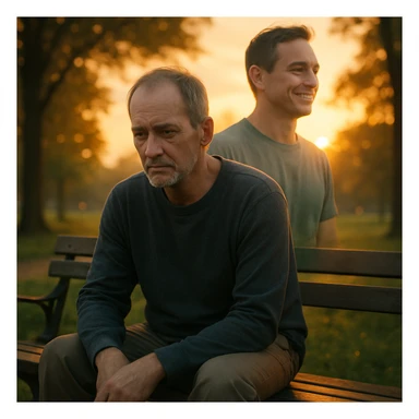 A man sitting on a park bench at sunset, lost in thought, with a subtle double exposure of a healthier, more vibrant version of himself in the background, representing a 'what if' scenario after a diagnosis. Cinematic, emotional realism, soft lighting, symbolic duality, quiet sadness and hope, hyperrealistic 4K. sticker
