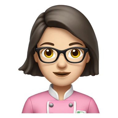long brunette hair girl with pale skin and black glasses and a pink chef outfit sticker