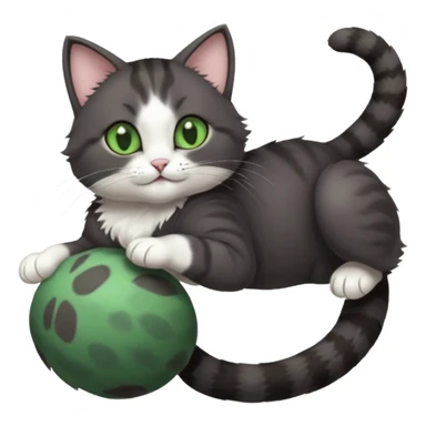 dark grey cat with green eyes, white toes/paws and white patch on her chest playfully rolling upside down sticker