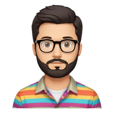 a 30-year-old man with light skin, medium solid build, wide face, soft cheeks, rounded jawline, neutral relaxed expression, short dense full beard, wavy voluminous brown-black hair at the front, large rectangular black thick frame glasses, colorful button-up shirt open showing white t-shirt sticker