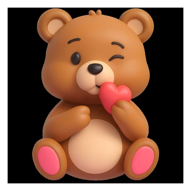 Edit the 3D emoji-style bear blowing a kiss to wink with one eye, keeping the heart near its mouth and a playful expression. Maintain the sweet and cute 3D emoji style in the edit. sticker