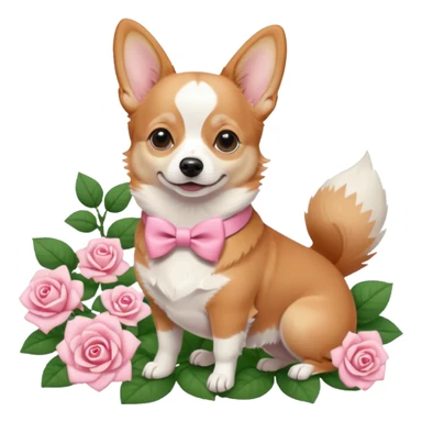 Tan and white Corgi in a rose garden with A White Chihuahua with a pink bow on the Chihuahua  sticker