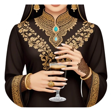 A delicate hand adorned with intricate floral henna designs holds a traitional glass of Arabic coffee. The deep brown henna contrasts beautifully with the rich embroidery of the black outfit, which features shimmering floral patterns. A gold ring and dark nail polish add elegance to the aesthetic. sticker