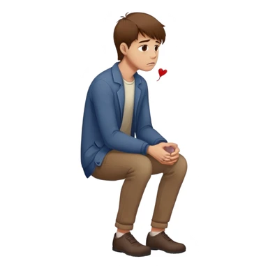 a man with brown hair staying in a
full height in profile with anxiety and begging face with a broken heart sticker