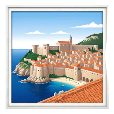 Cinematic Realistic Dubrovnik Landmark Emoji, showcasing the historic walled city with its terracotta rooftops, stone fortifications, and the deep blue Adriatic Sea stretching beyond. sticker