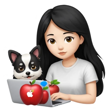 Asian girl long black hair, wearing a white t-shirt, working on an Apple laptop, next to her is a small black and white female dog sticker