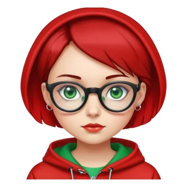 Girl with red black short neck length hair wearing red hoodie with transparent glasses green eyes big earrings   sticker