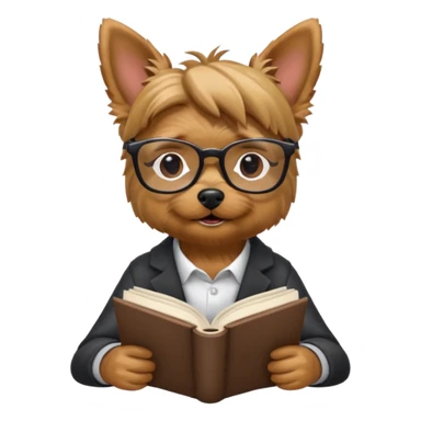 Yorkshire Terrier reading a book, appearing studious and smart, friendly emoji style sticker