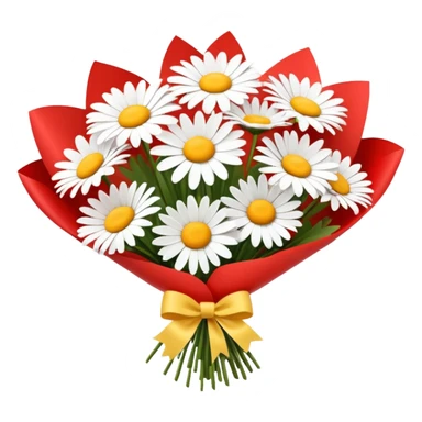 bouquet of daisy with red bow and red wrapping paper sticker