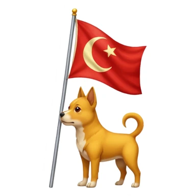 A triangular yellow flag and middle of that flag a red crescent moon within that a Red dog sticker