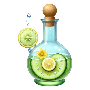 potion bottle with a perfectly round floating bottom, very small cork, very short neck, filled with #00d9ff liquid, inside cucumber slices, lemon slices, ice cubes, edible flower petals, and magical sparkles, soft lighting, transparent glass, clean background, fantasy style sticker