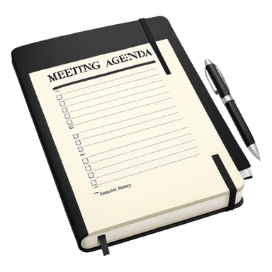 An open black Moleskine notebook with meeting agenda written at the top and clearly visible bullet points below sticker