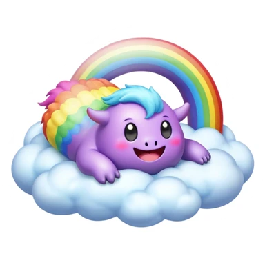 3D, Kawaii derpy fat rainbow monster laying on a magic rainbow cloud, rich textures, visually detailed, so lifelike that it feels like it could leap off the page at any moment sticker