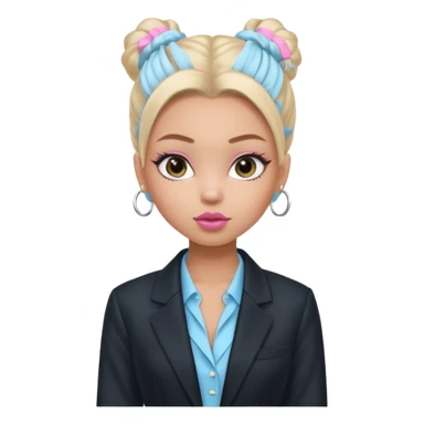 generate a pretty bratz girl wearing a light blue full sleeve shirt, silver small hoops, pink lipgloss, black blazer, hair tied up sticker