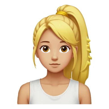 A girl with a high ponytail, a yellow hair tie, and a sleeveless white top, surrounded by blooming forsythias. sticker