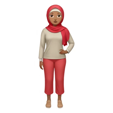 Heavy-set woman with medium-brown skin wearing a light red hijab, cream top, light red pants, tan shoes, and a visible gray below-knee prosthetic leg. Standing confidently with one hand on her hip sticker