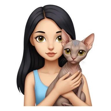 beautiful girl with long black hair holding a hairless sphinx cat sticker