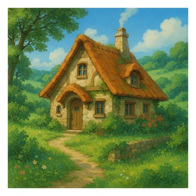 cozy cottage in a lush landscape, ghibli style sticker