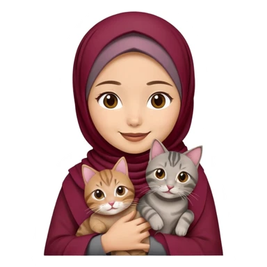 Asian white girl wearing  maroon hijab with dress holding a black grey tabby cat while smiling sticker